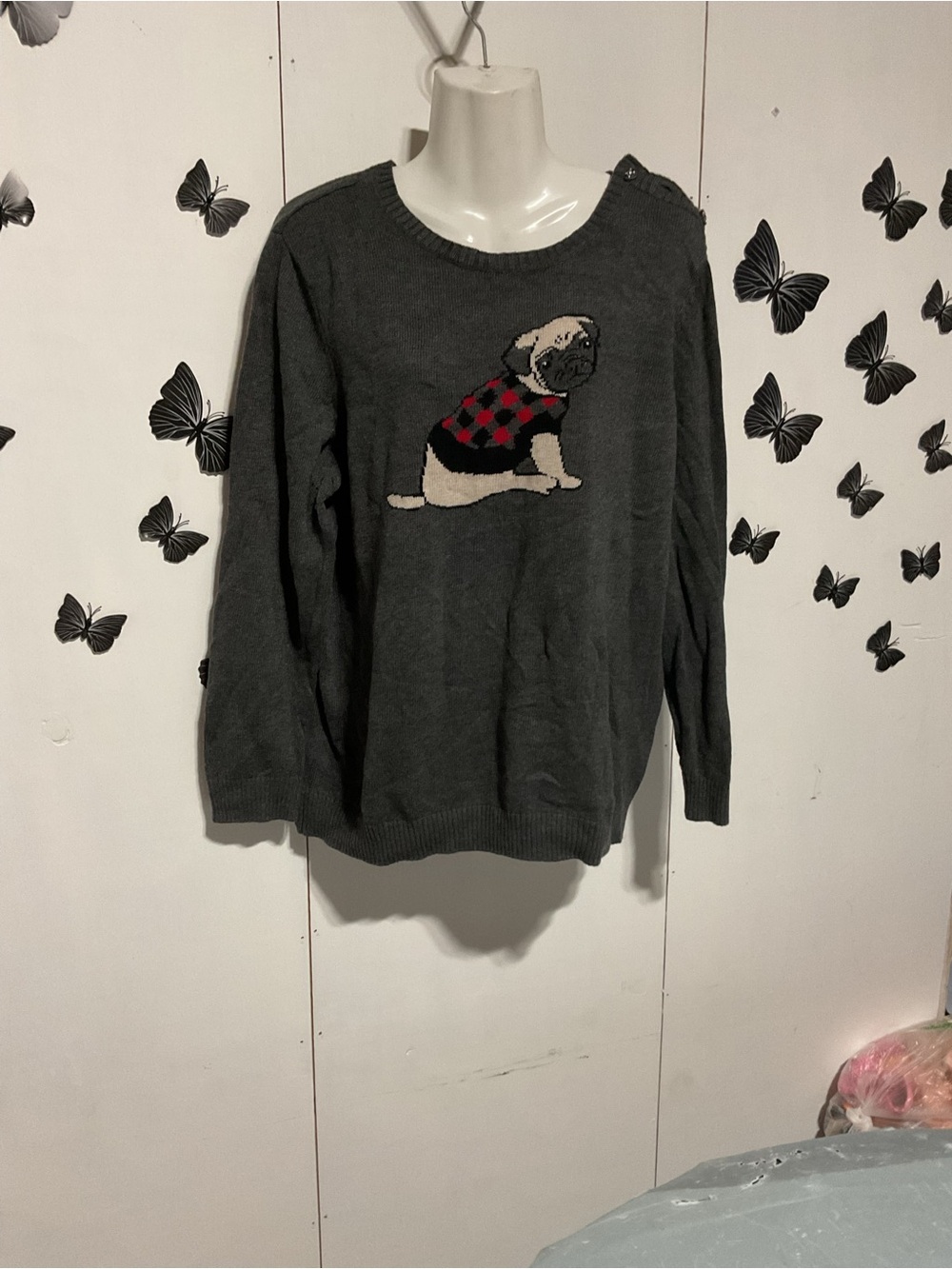 Charter Club Dark Gray Crewneck Sweater with Pug Intarsia